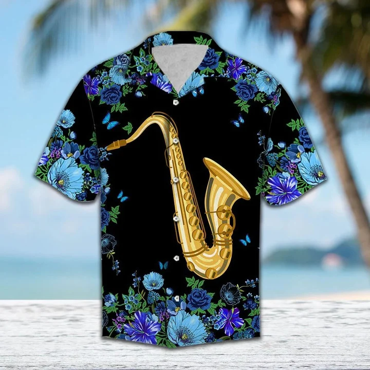 Blue Flower Frame Cover Saxophone On Black Pattern Hawaiian Shirt