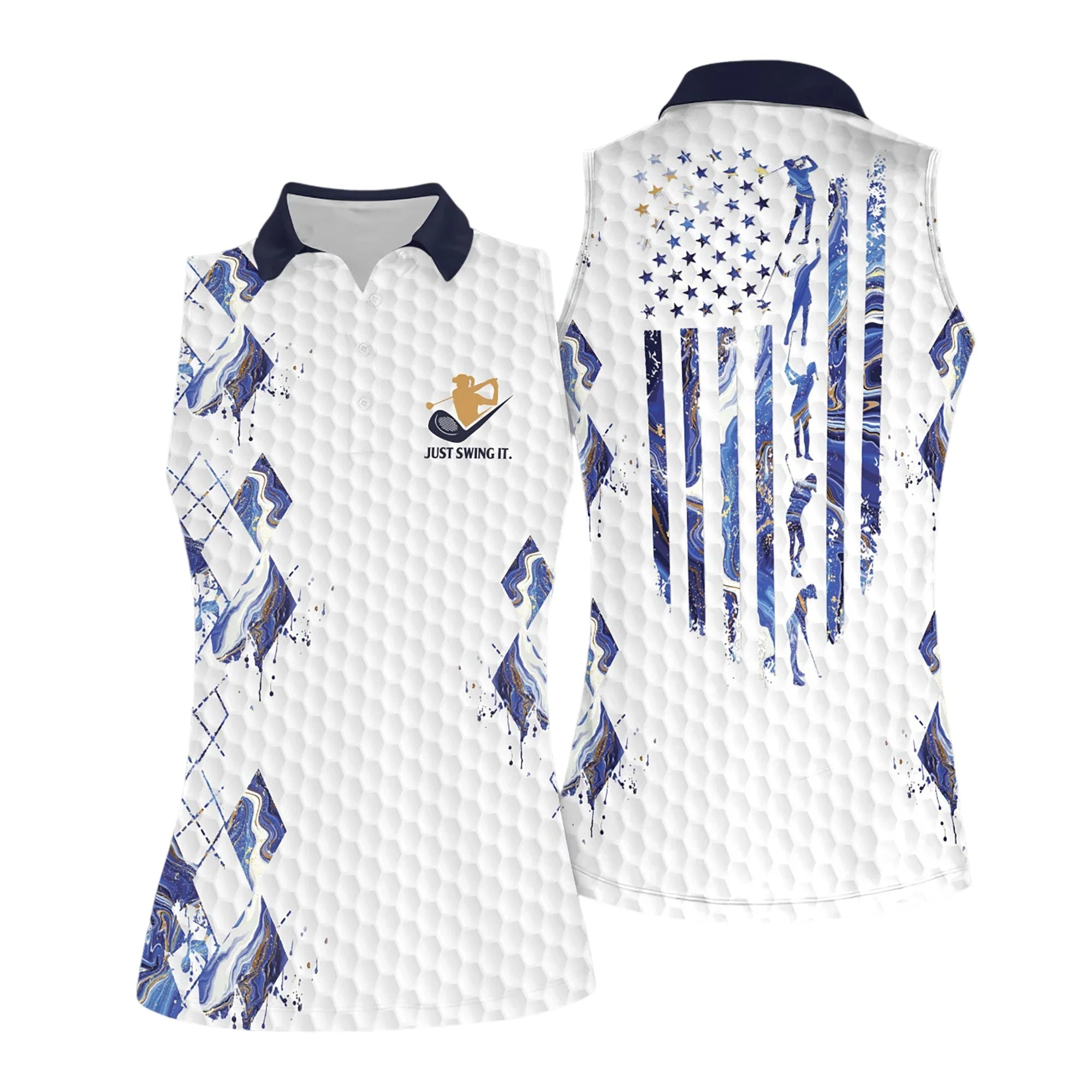 Blue Marble American Flag Women Short Sleeve Polo Shirt/ Sleeveless Golf Polo Shirt/ Women’s Jersey Polo Shirt