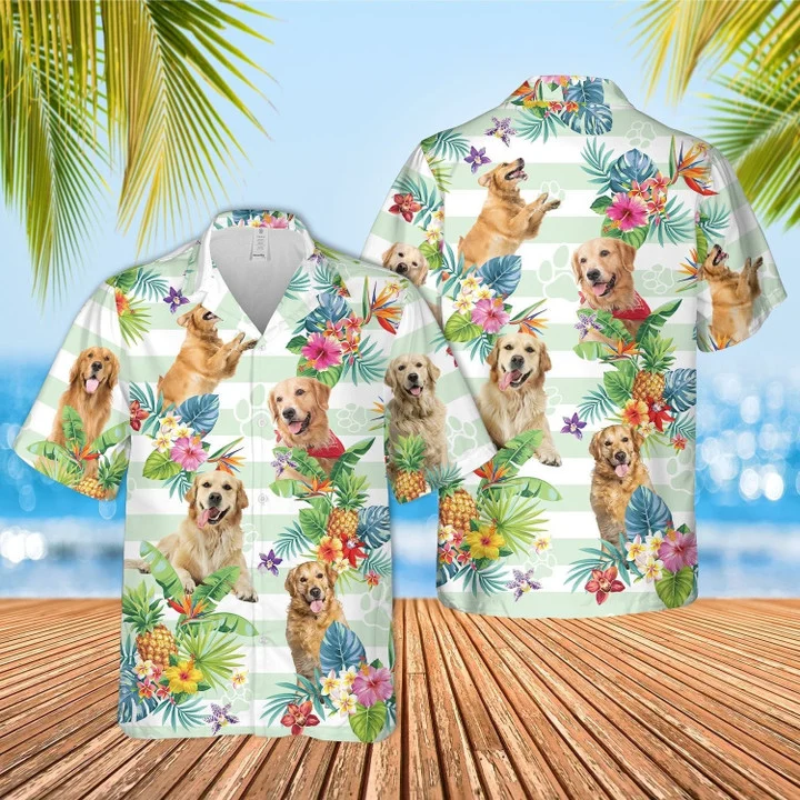 Blue Striped Golden Retriever Dog Tropical Flower Hawaiian Shirt for Men and women