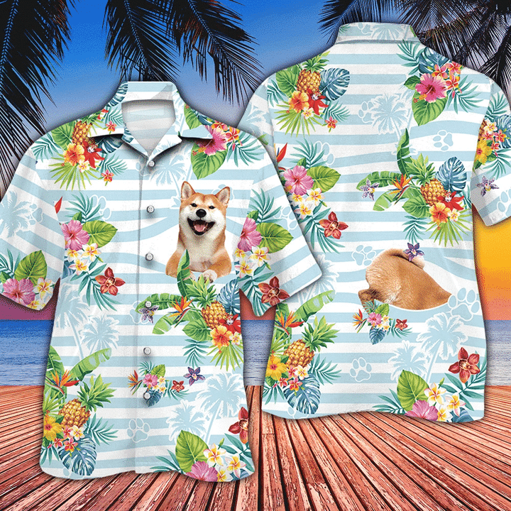 Blue Striped Smiling Shiba Inu Dog Lovers Gift Striped Hawaiian Shirt