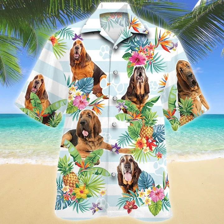 Blue Stripesd Bloodhound Dog Tropical Flower Hawaiian Shirt