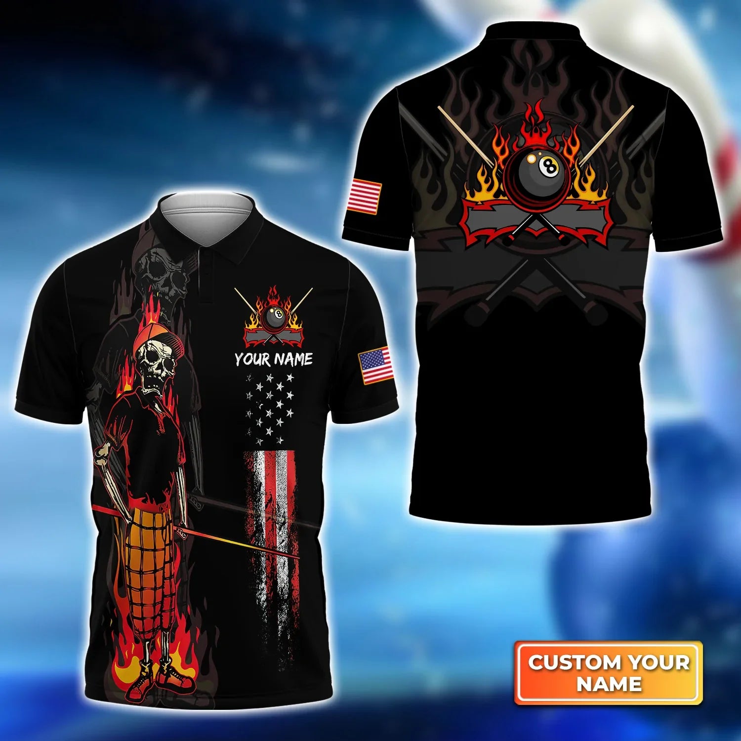 Dead Stroke Pool 8 Ball Skull On Fire 3D Polo Shirt/ Billiard shirt for men/ Gift For Billiard Players