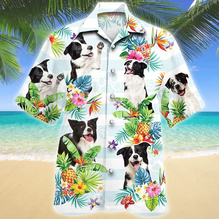 Border Collie Dog Tropical Flower Summer Beach Palm Tree Pattern Hawaiian Shirt