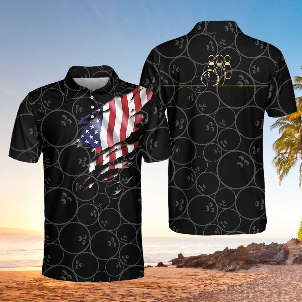 Bowling American Flag Short Sleeve Polo Shirt/ Bowling Ball Pattern Usa Flag Polo Shirt/ Bowling Team Uniform