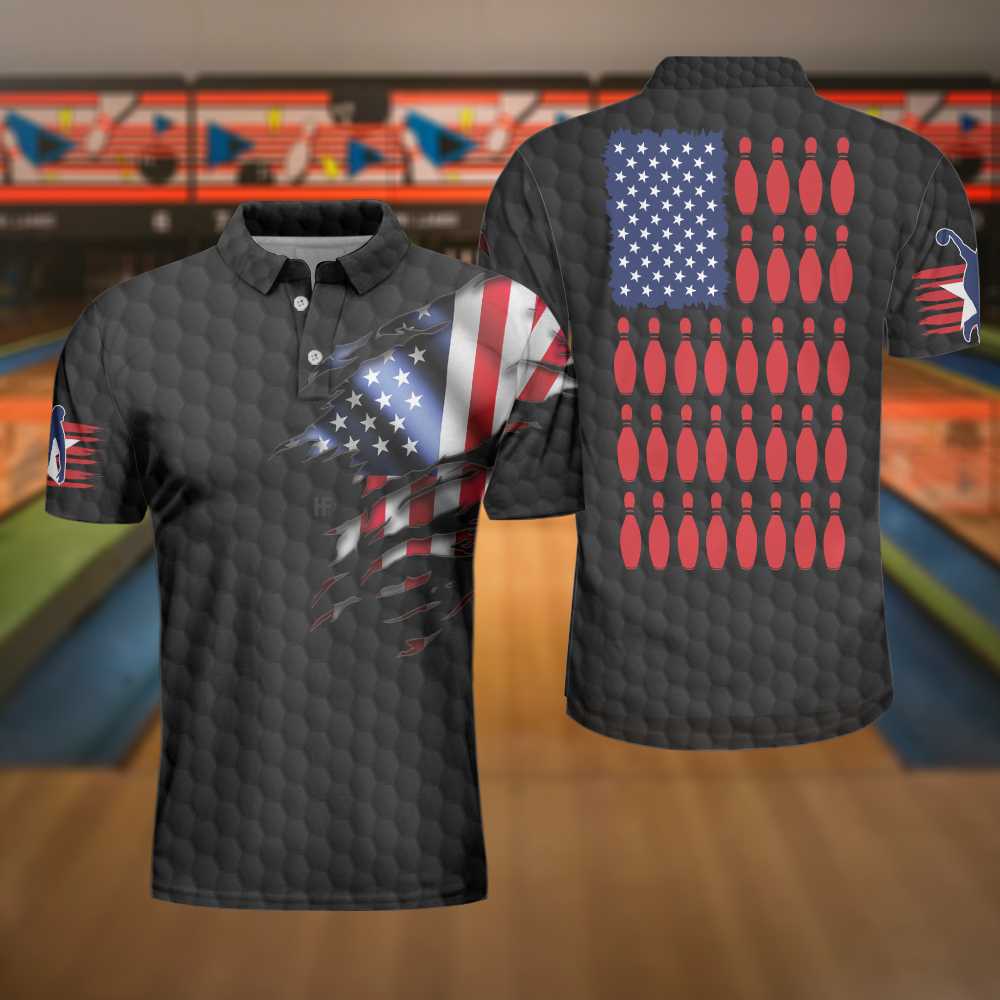 Black American Flag Bowling Polo Shirt/ Cool Usa Flag Bowling Shirt For Men/ Bowling Shirt Uniform