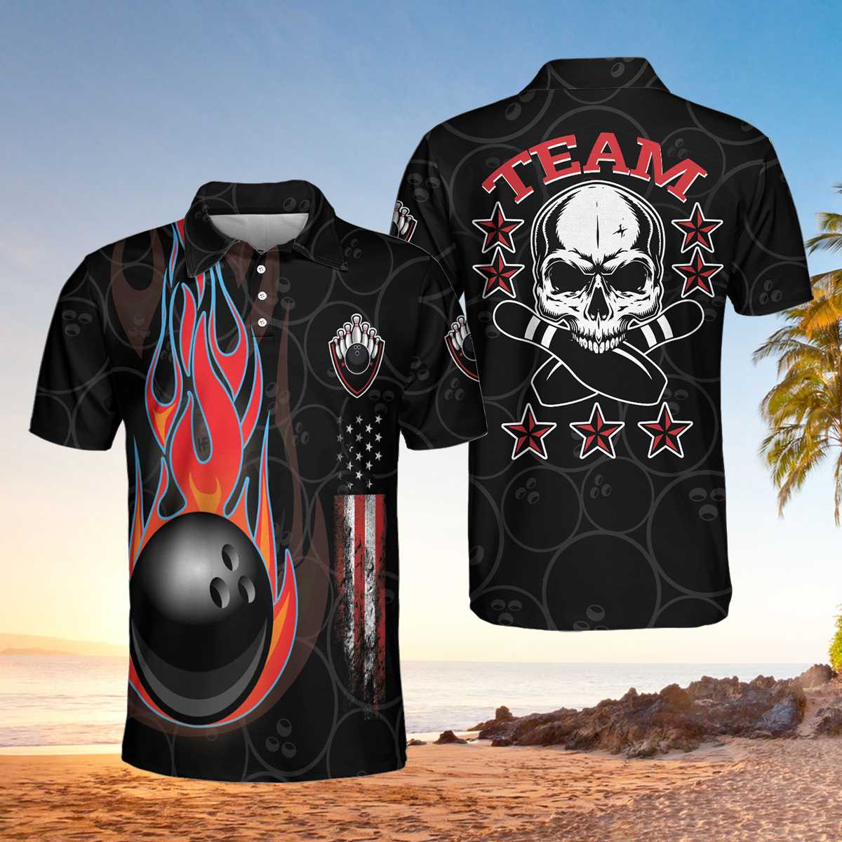 Bowling And Skull Team Black Short Sleeve Polo Shirt/ Skull Polo Shirt/ Best Bowling Shirt For Men Coolspod