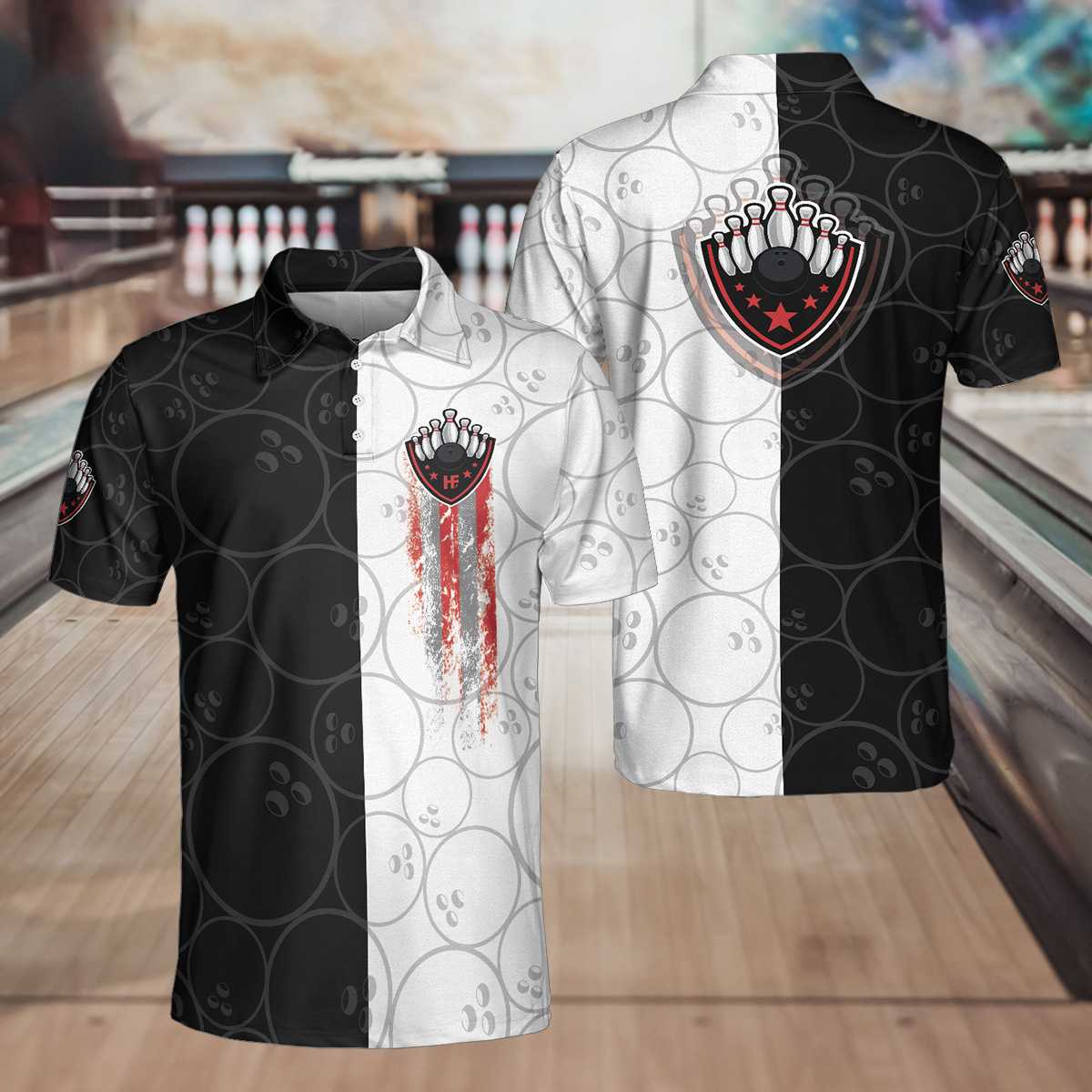 Bowling Black And White Pattern Short Sleeve Polo Shirt/ Bowling Ball Polo Shirt/ Best Bowling Shirt For Men Coolspod