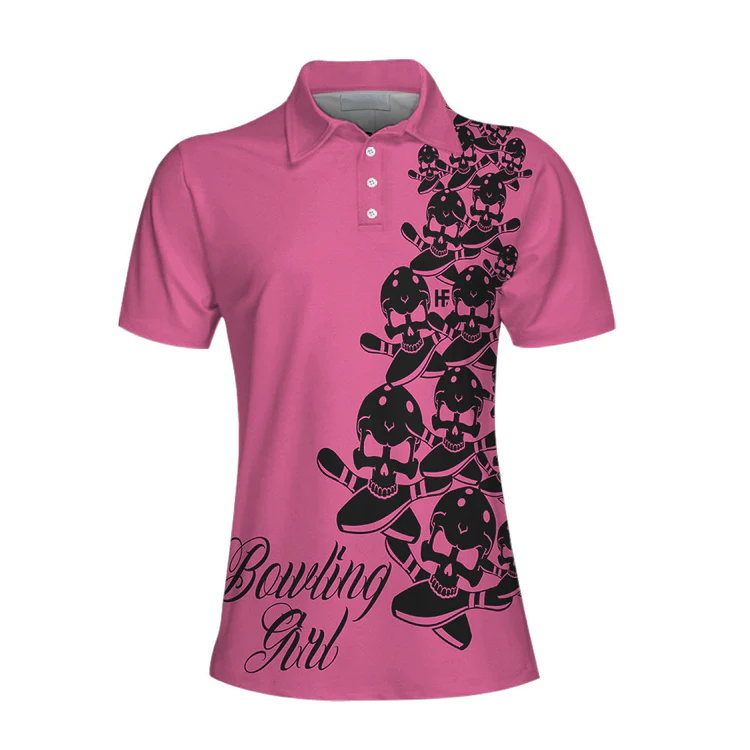 Bowling Girl Skull Short Sleeve Women Polo Shirt/ Pink Skull Pattern Bowling Shirt For Female Players Coolspod