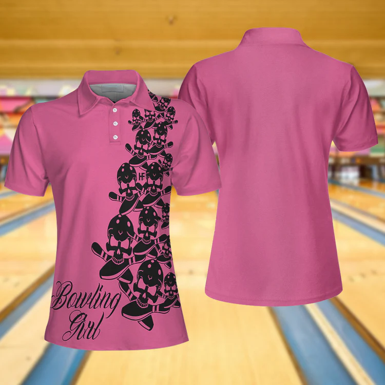 Bowling Girl Skull Short Sleeve Women Polo Shirt/ Pink Skull Pattern Bowling Shirt For Female Players Coolspod