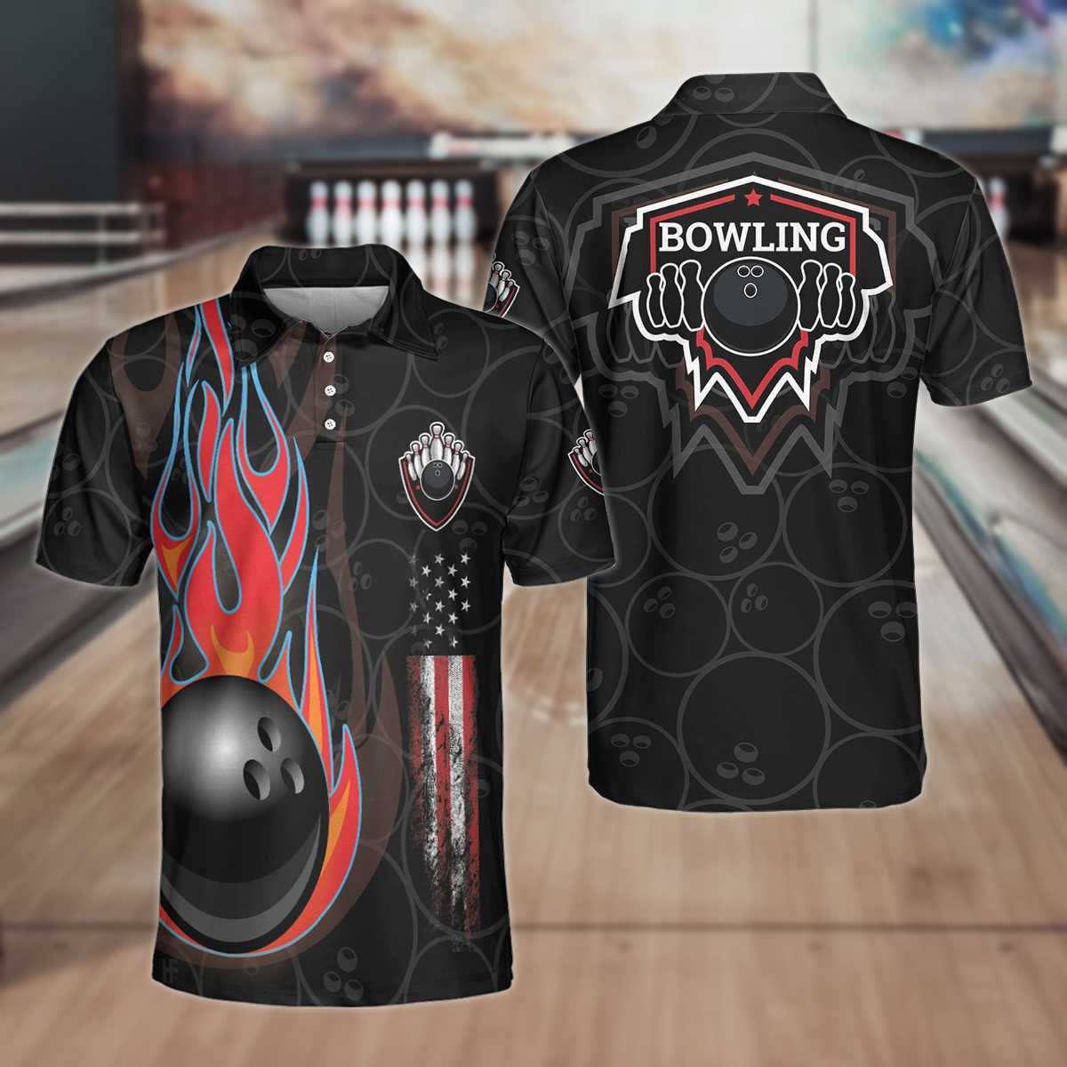 Bowling In Fire And American Flag Short Sleeve Polo Shirt/ Bowling Ball Polo Shirt/ Best Bowling Shirt For Men Coolspod