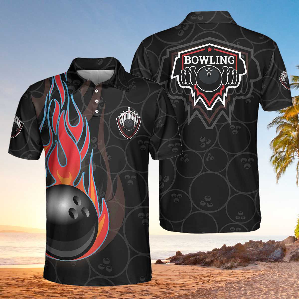 Bowling In Fire And Flag Short Sleeve Polo Shirt/ Bowling Ball Polo Shirt/ Best Bowling Shirt For Men Coolspod