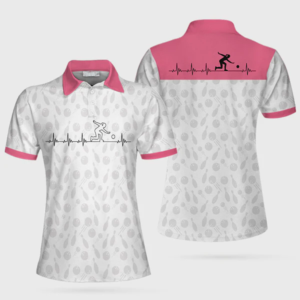 Bowling Is My Heart Bowling Short Sleeve Women Polo Shirt/ Bowling Balls And Pins Pattern Polo Shirt For Ladies Coolspod