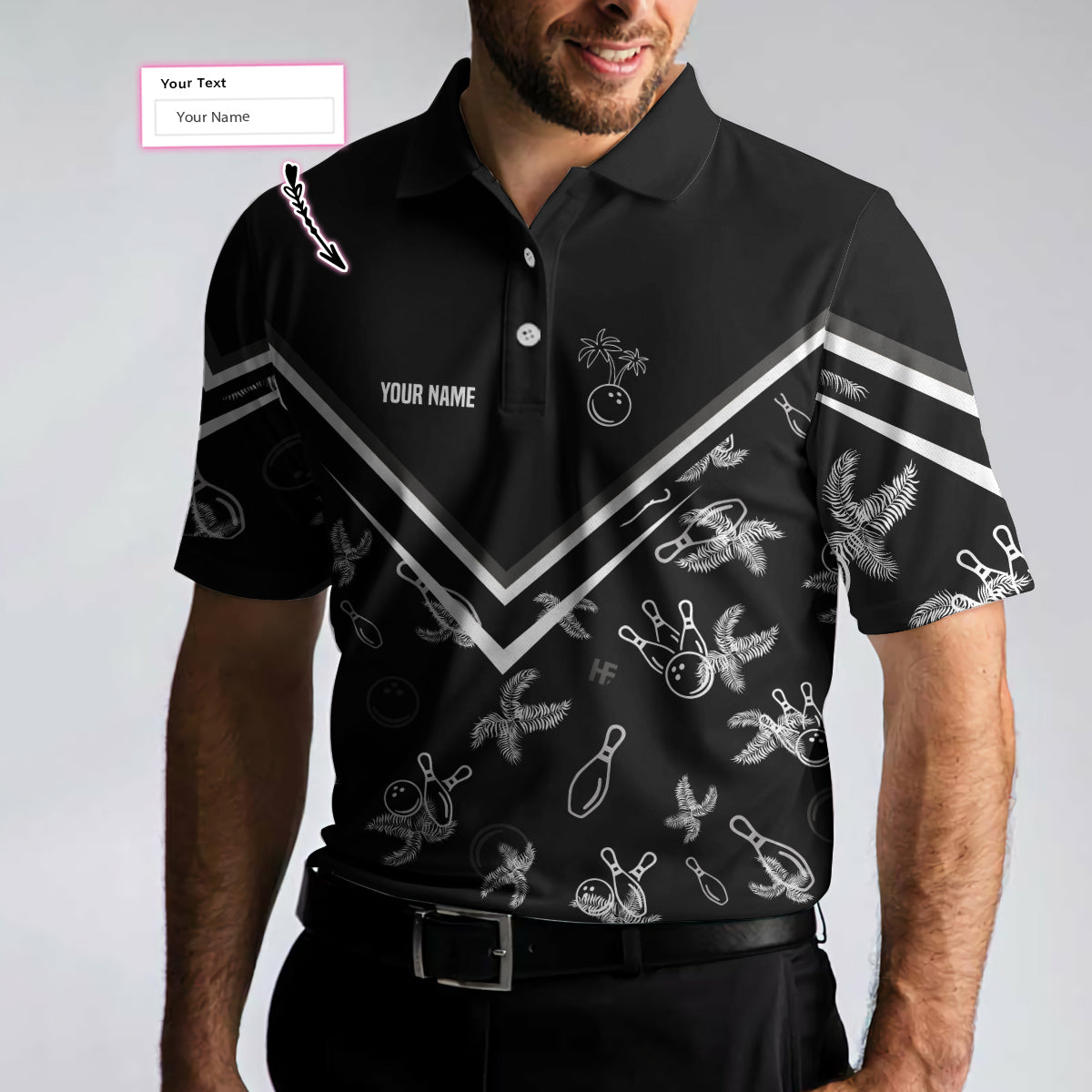 Bowling Monochrome Tropical Pattern Custom Polo Shirt/ Black Bowling Polo Shirt For Bowlers/ Personalized Gift Idea Coolspod