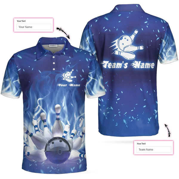 Bowling On Blue Fire Custom Polo Shirt/ Blue Custom Bowling Shirt For Adults/ Personalized Bowling Gift Coolspod