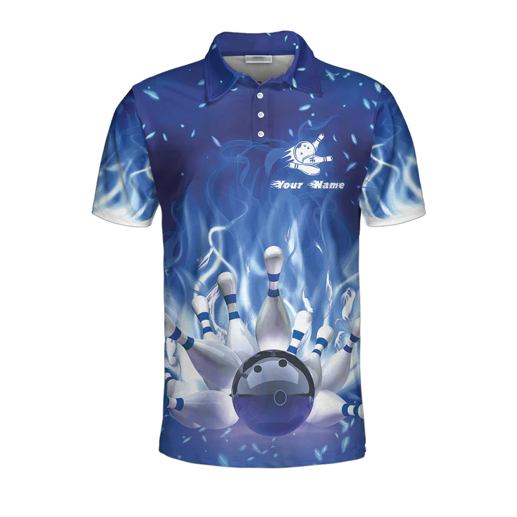 Bowling On Blue Fire Custom Polo Shirt/ Blue Custom Bowling Shirt For Adults/ Personalized Bowling Gift Coolspod