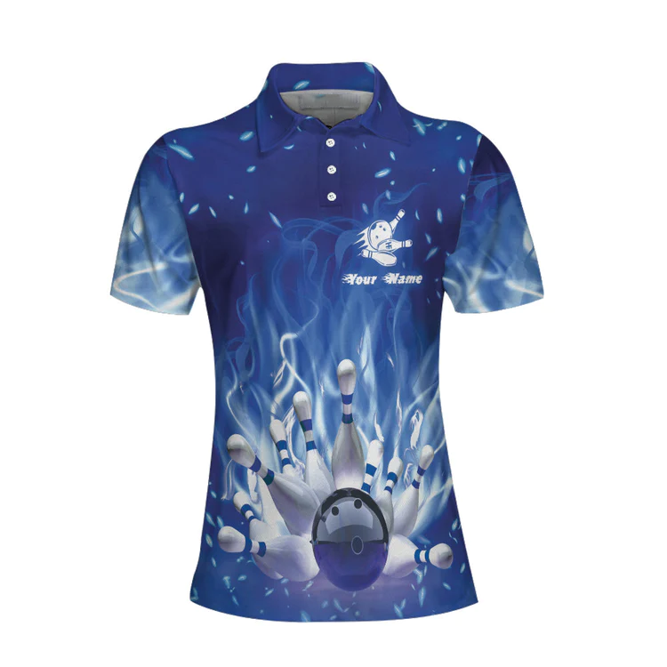Bowling On Blue Fire Custom Short Sleeve Women Polo Shirt/ Personalized Blue Flame Polo Shirt For Female Bowlers Coolspod