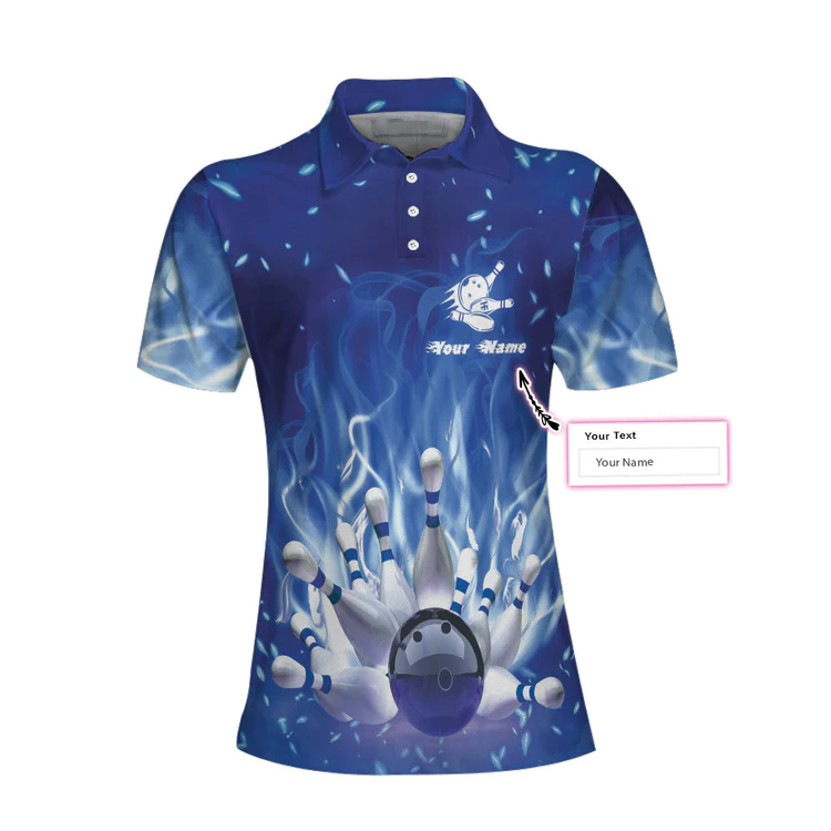 Bowling On Blue Fire Custom Short Sleeve Women Polo Shirt/ Personalized Blue Flame Polo Shirt For Female Bowlers Coolspod