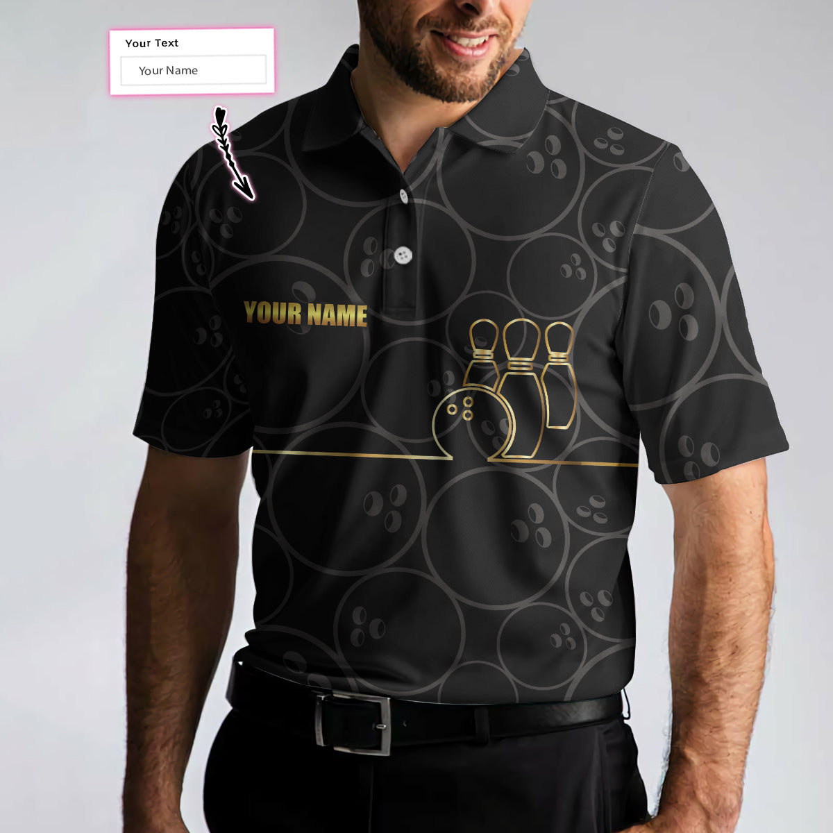 Bowling Pattern And Golden Polo Custom Polo Shirt/ Black Personalized Bowling Shirt With Name/ Bowling Gift Idea Coolspod