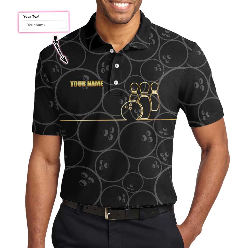 Bowling Pattern And Golden Polo Custom Polo Shirt/ Black Personalized Bowling Shirt With Name/ Bowling Gift Idea Coolspod