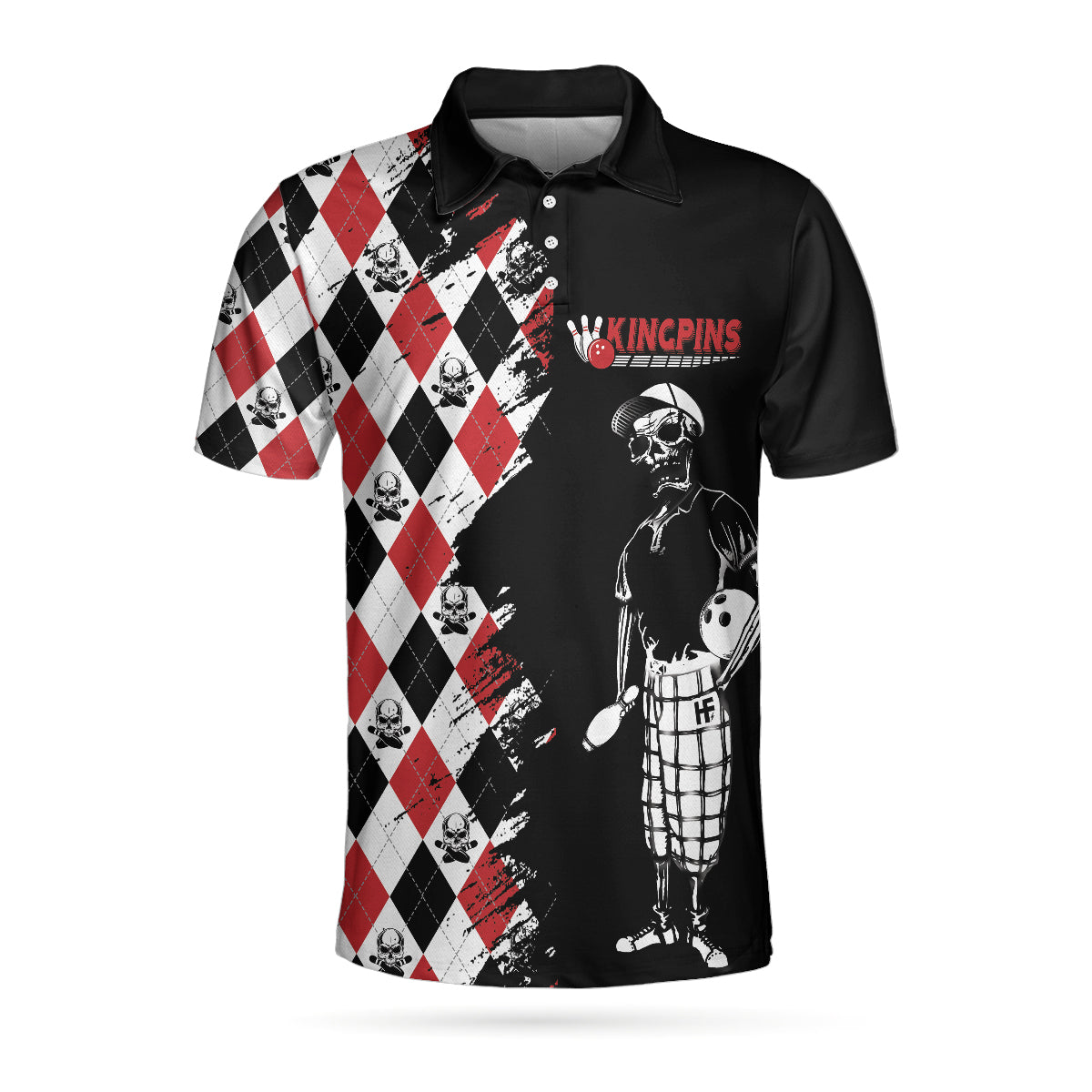 Bowling Red Black White Skull Pattern Short Sleeve Polo Shirt/ Argyle Pattern Polo Shirt/ Best Bowling Shirt For Men Coolspod