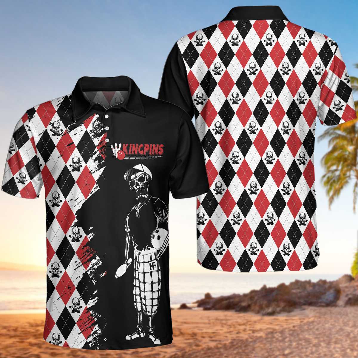 Bowling Red Black White Skull Pattern Short Sleeve Polo Shirt/ Argyle Pattern Polo Shirt/ Best Bowling Shirt For Men Coolspod