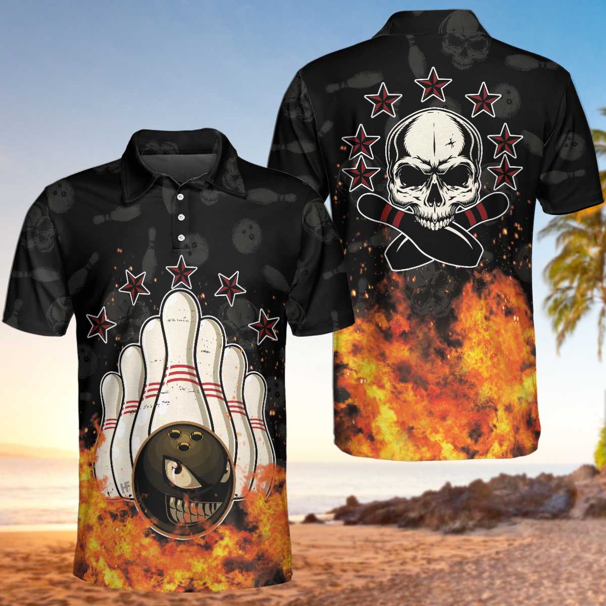 Bowling Skull And Monster Ball Short Sleeve Polo Shirt/ Skull Star Fire Polo Shirt/ Best Bowling Shirt For Men Coolspod