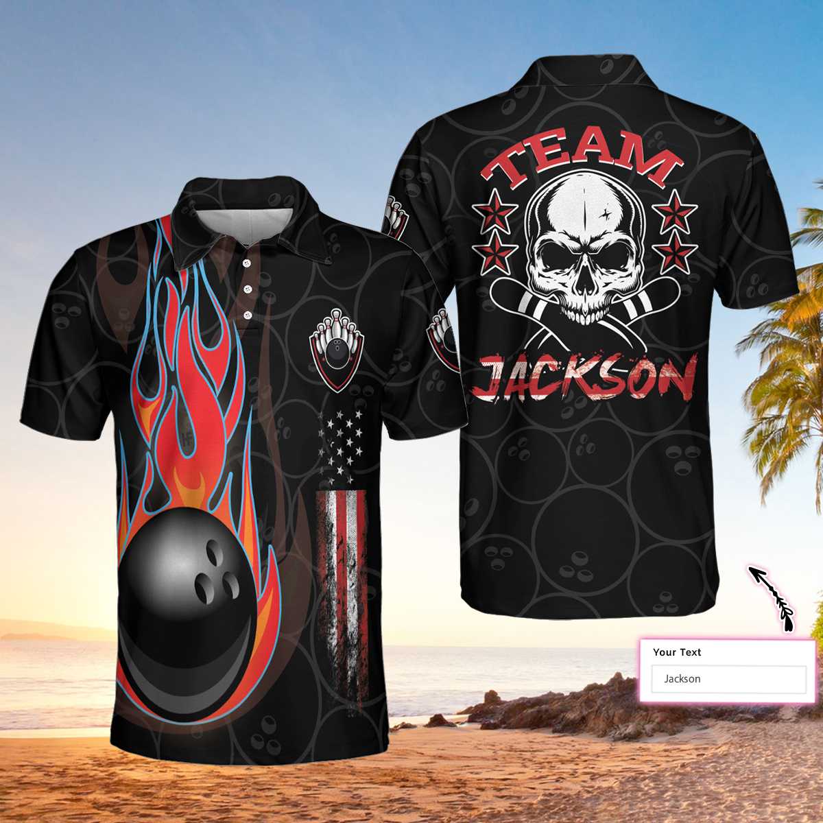 Bowling Skull Short Sleeve Custom Polo Shirt/ Personalized Skull American Flag Polo Shirt/ Best Bowling Shirt For Men Coolspod