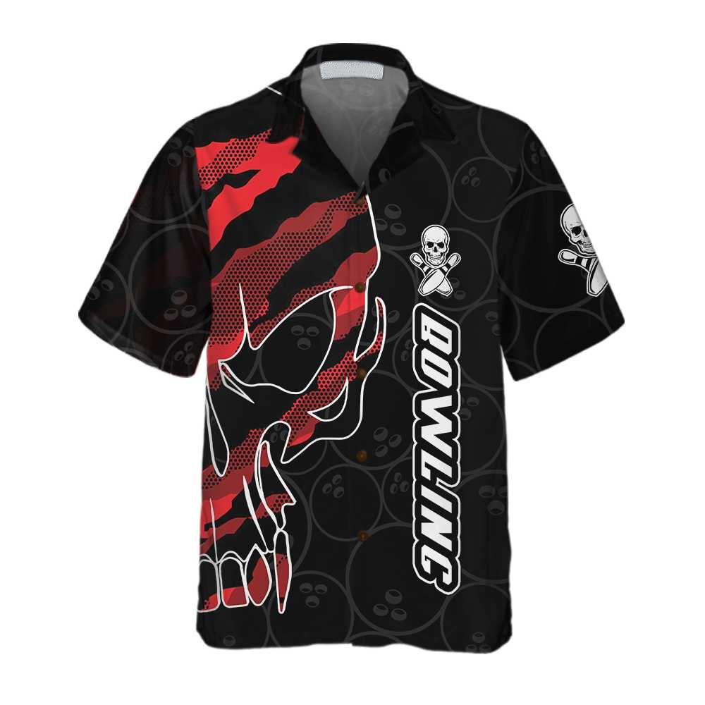 Bowling Skull Team Red Camouflage Custom Hawaiian Shirt/ Personalized Bowling Shirt For Men & Women/ Skull Hawaiian Shirt