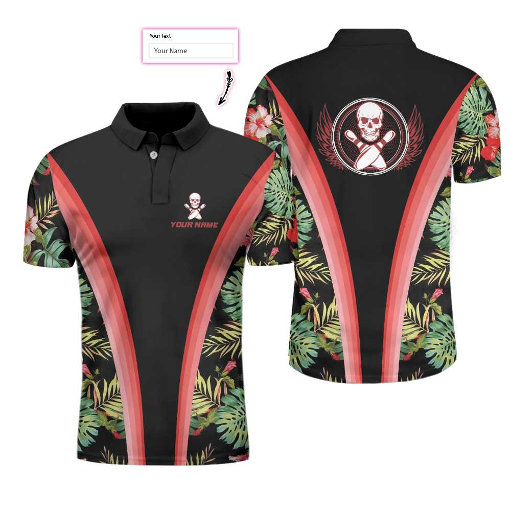 Bowling Skull Tropical Flower Custom Polo Shirt/ Skull Floral Bowling Shirt For Bowlers/ Cool Tropical Shirt Design Coolspod