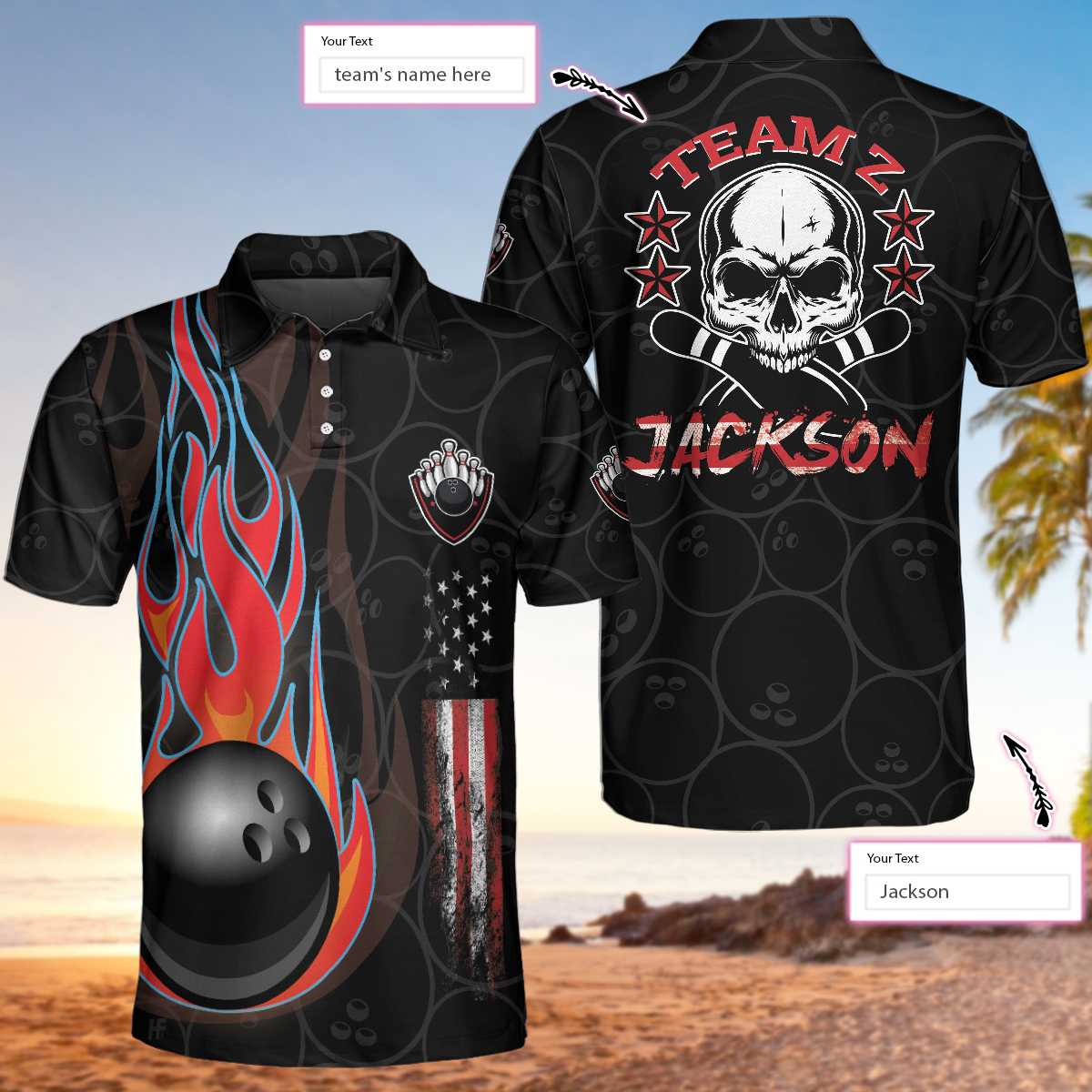 Bowling Team Skull Short Sleeve Custom Polo Shirt/ Personalized Skull American Flag Polo Shirt/ Bowling Shirt For Men Coolspod