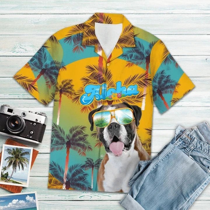 Boxer Aloha Summer Vacation Blue And Yellow Hawaiian Shirt/ Short Sleeve Hawaiian Aloha Shirt for men and women