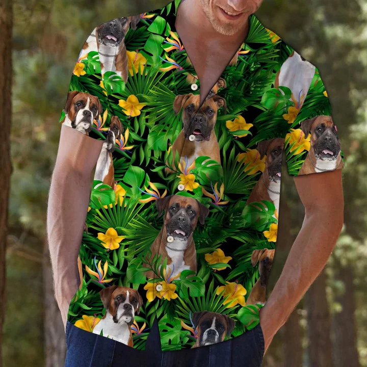 Boxer With Yellow Flowers Hawaiian Shirt/ Dog hawaii shirt/ Aloha shirt for men and women