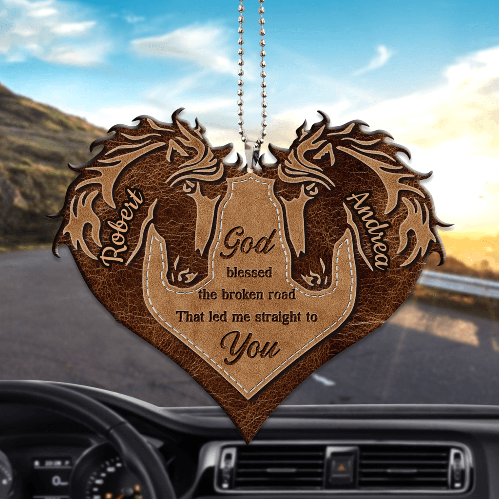 Personalized Couple Car Hanging Ornament Brown Horse Couple Heart God Blessed Ornament Gift For Couple