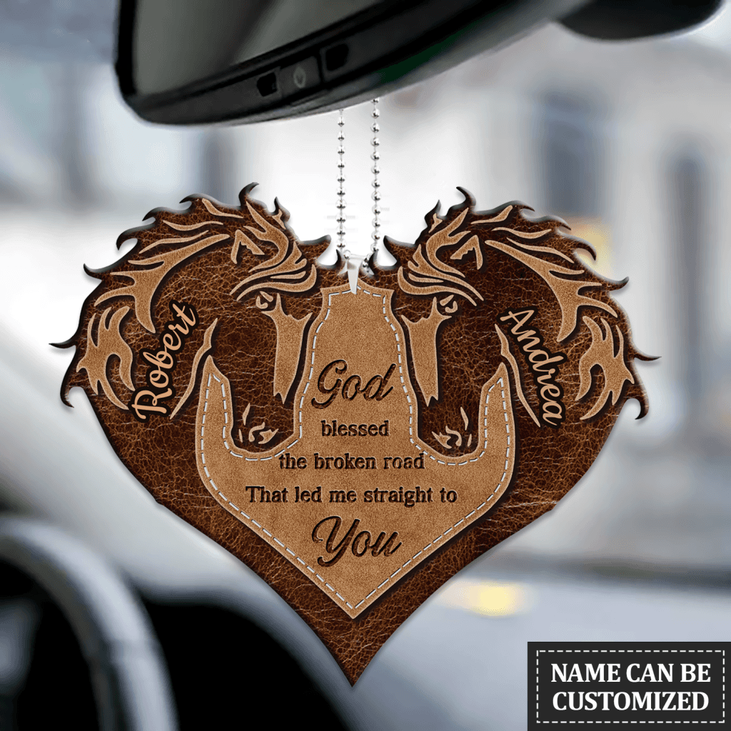 Personalized Couple Car Hanging Ornament Brown Horse Couple Heart God Blessed Ornament Gift For Couple
