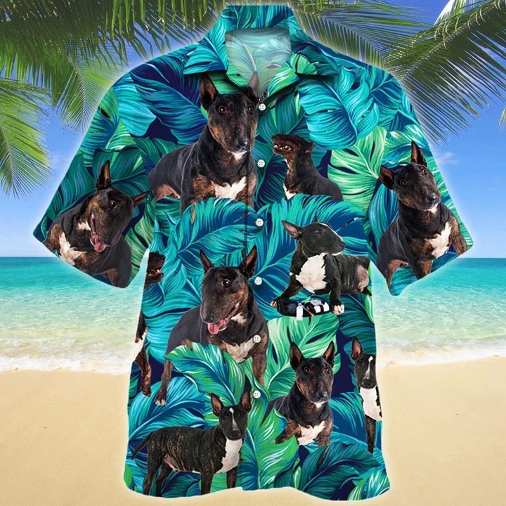 Bull Terrier Dog Lovers Blue And Green Tropical Leave Pattern Hawaiian Shirt