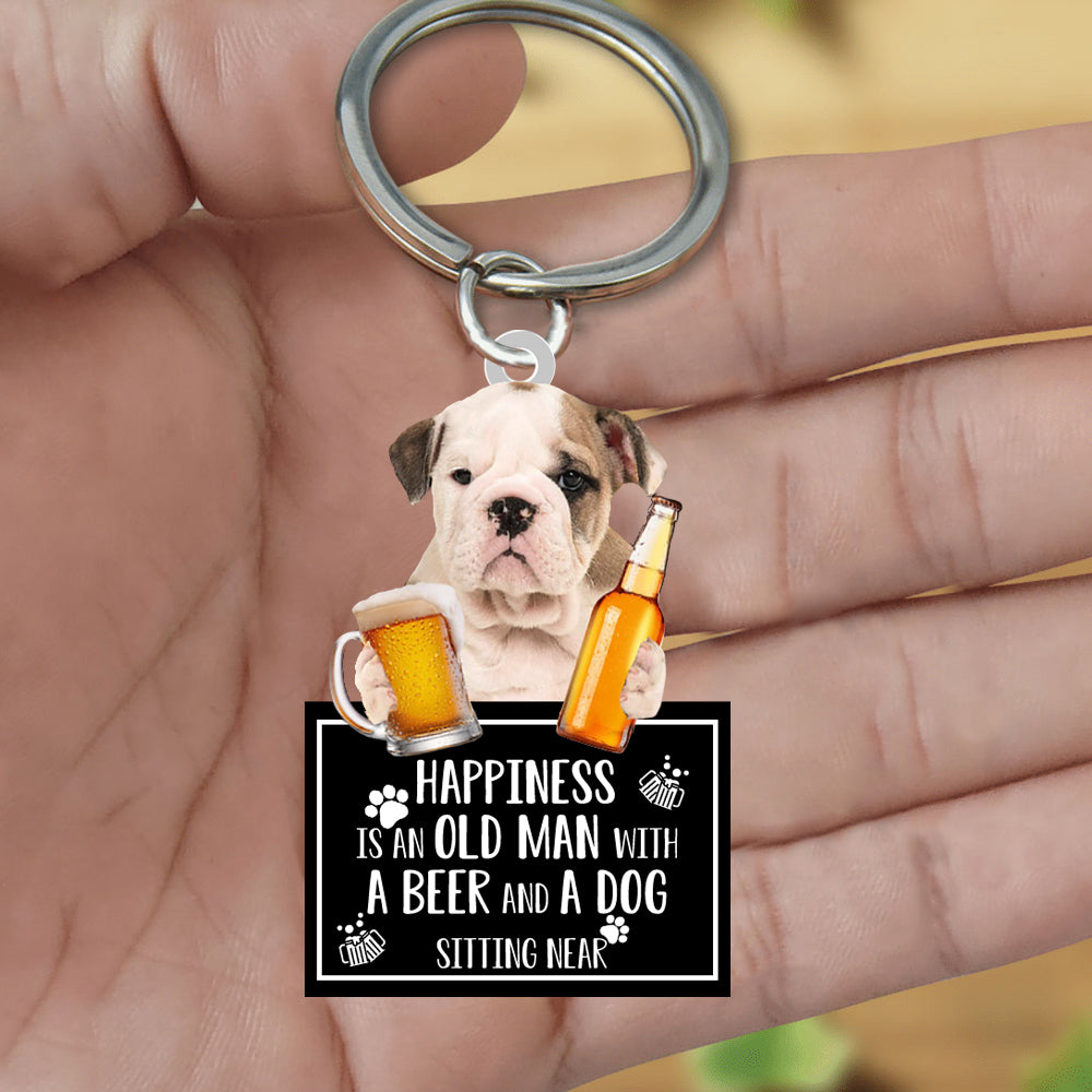 Bulldog  Happiness Is An Old Man With A Beer And A Dog Sitting Near Acrylic Keychain