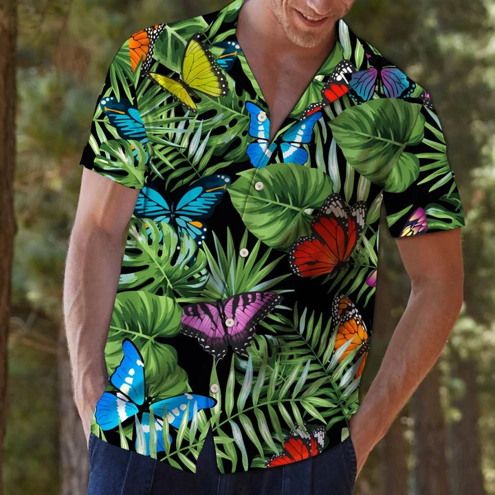 Butterfly And Green Tropical Leaves Design Hawaiian Shirt