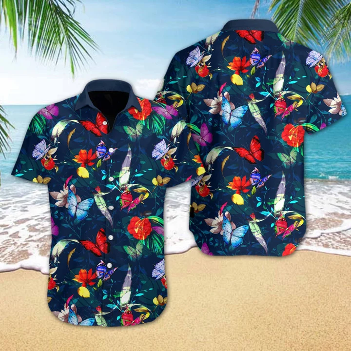 Butterly Flower On Dark Blue Design Hawaiian Shirt