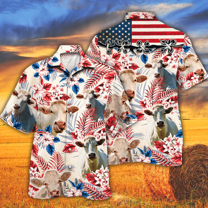 Charolais Cattle Lovers American Flag Hawaiian Shirt/ Cow Flower aloha Hawaiian shirt/ Cow Hawaiian shirt vintage/ Hawaiian shirt men