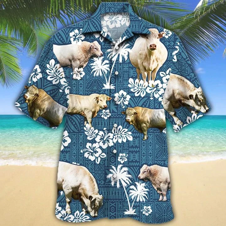 Charolais Cattle Lovers Blue Tribal Hawaiian Shirt/ Charolais Hawaiian shirts/ Charolais aloha shirt for men/ Hawaii shirt woman