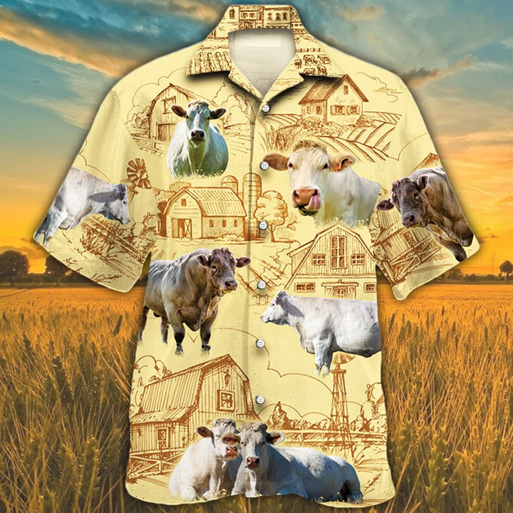 Charolais Farm Hawaiian Shirt/ Farm Cow Short Sleeve Hawaiian Aloha Shirt for Men/ Women