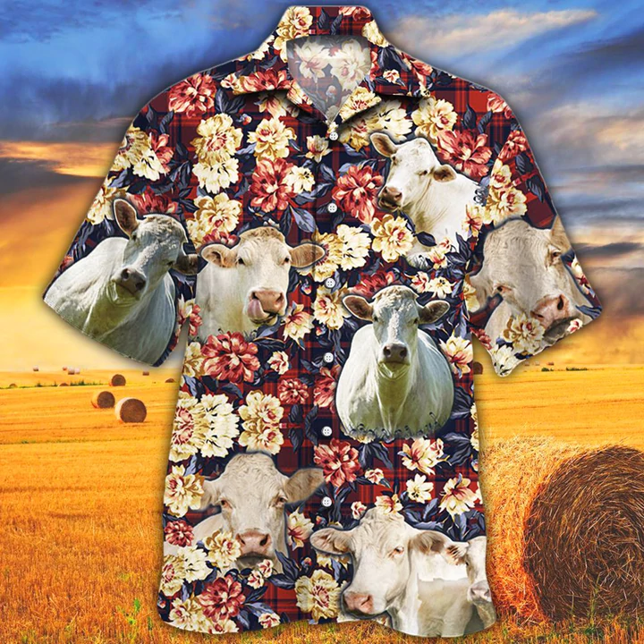 Cow Hawaiian shirt/ Charolais Hawaiian Shirt/ Summer Hawaiian shirt/ Animal shirt