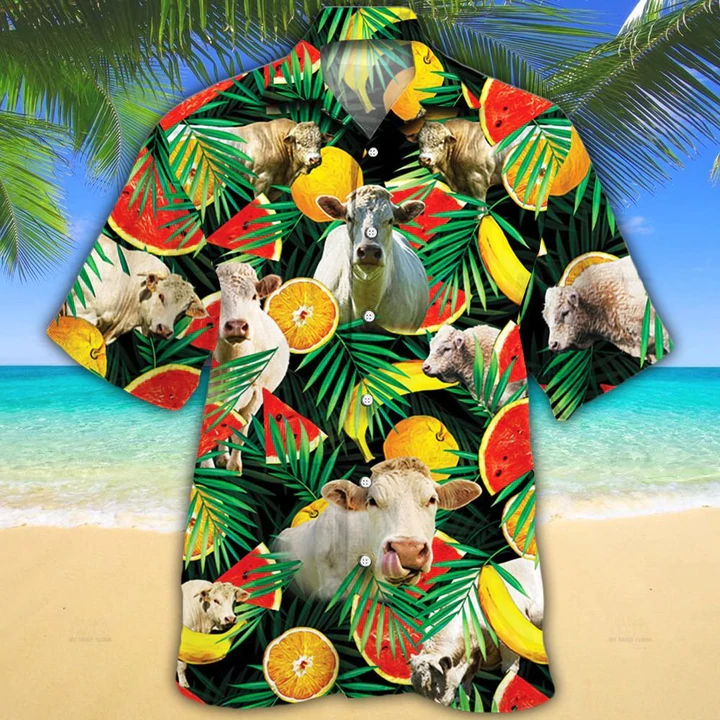Charolais Cattle Lovers Tropical Fruits Hawaiian Shirt- Cow Aloha Shirt/ Gift For Cow Lovers