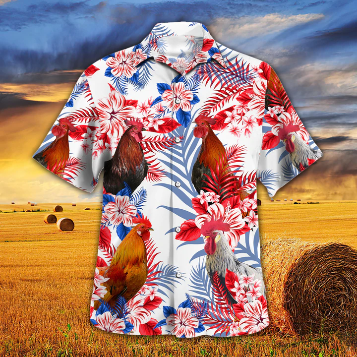Chicken Cattle Lovers American Flag Hawaiian Shirt/ Chicken aloha Hawaiian shirt/ Flowers Aloha Shirt For Men/ Women