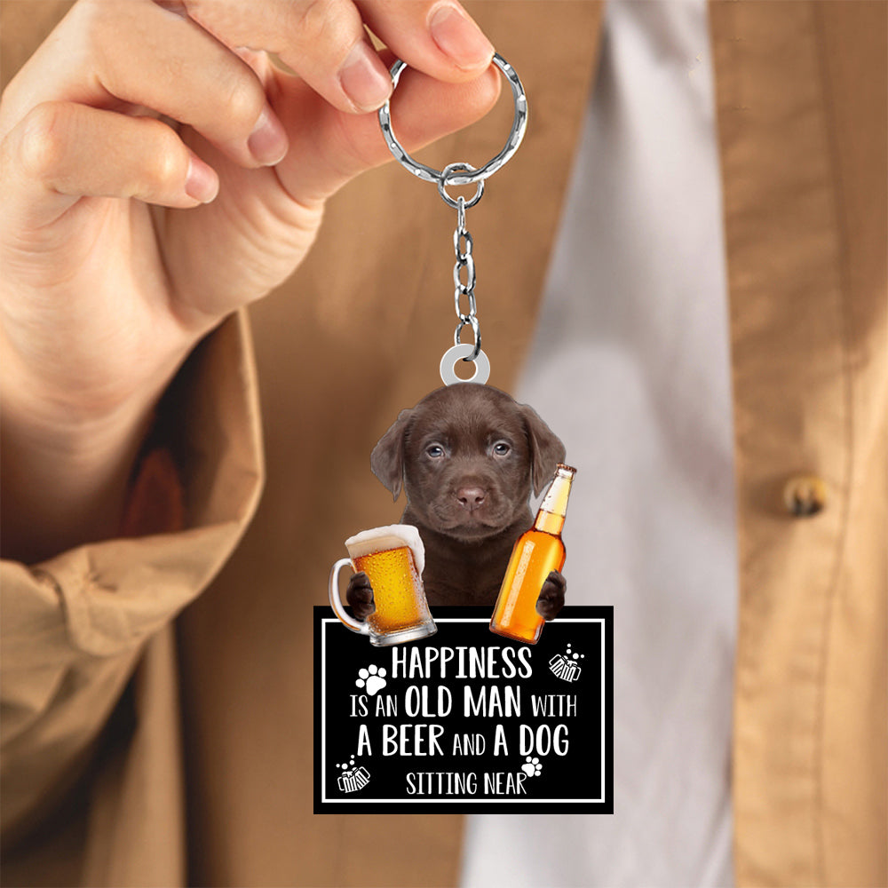 Chocolate Labrador Happiness Is An Old Man With A Beer And A Dog Sitting Near Acrylic Keychain