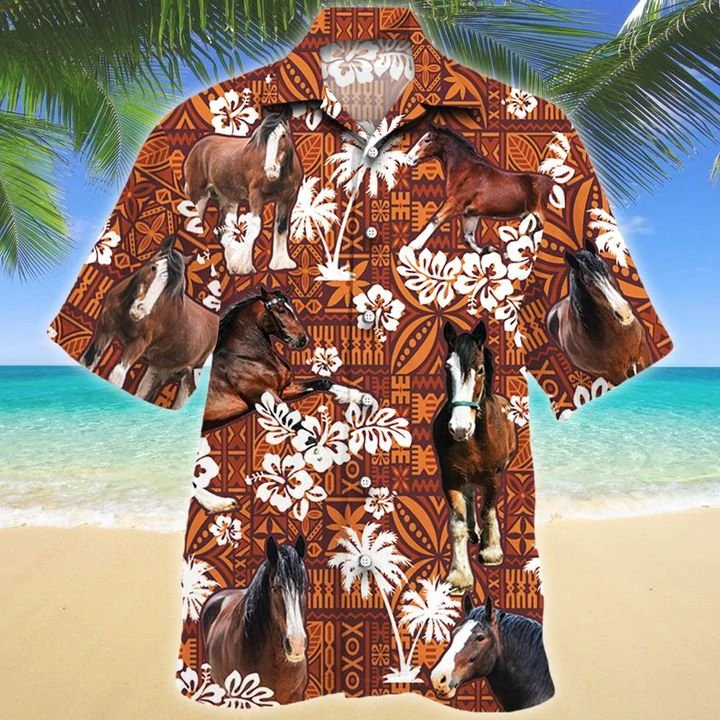 Clydesdale Horse Red Tribal Pattern Hawaiian Shirt/ Horse Short Sleeve Hawaiian Aloha Shirt