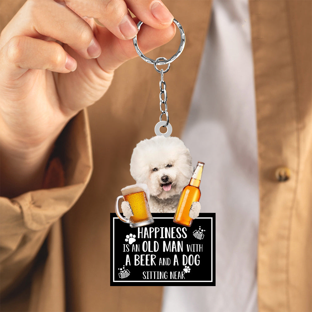 Bichon Frise  Happiness Is An Old Man With A Beer And A Dog Sitting Near Acrylic Keychain