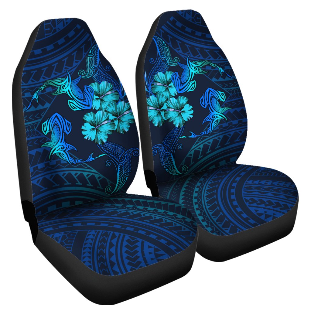 Hawaii Couple Shark Hibiscus Polynesian Car Seat Covers Blue Mina Style