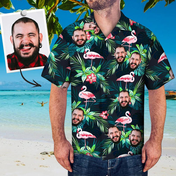 Custom Upload Image Face Flamingo and Leaf Pattern Hawaiian Shirt/ Shirt for Men hot Family