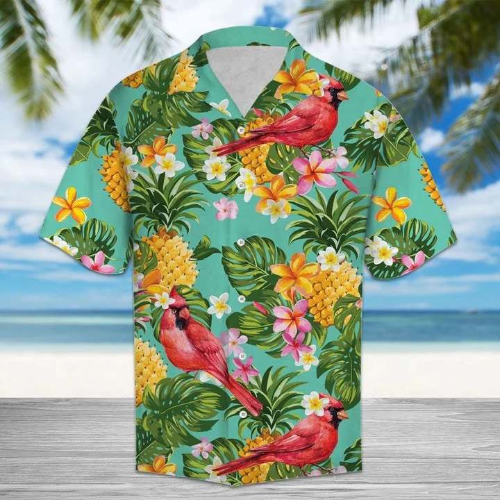 Cardinal Bird Perched On Tropical Tree Hawaiian Shirt